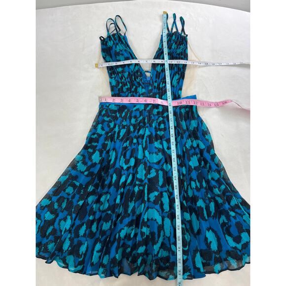 Bebe Blue Teal Animal Print Mesh Ruffle Skirt Mini Party Dress Cocktail Holiday - Picture 8 of 9